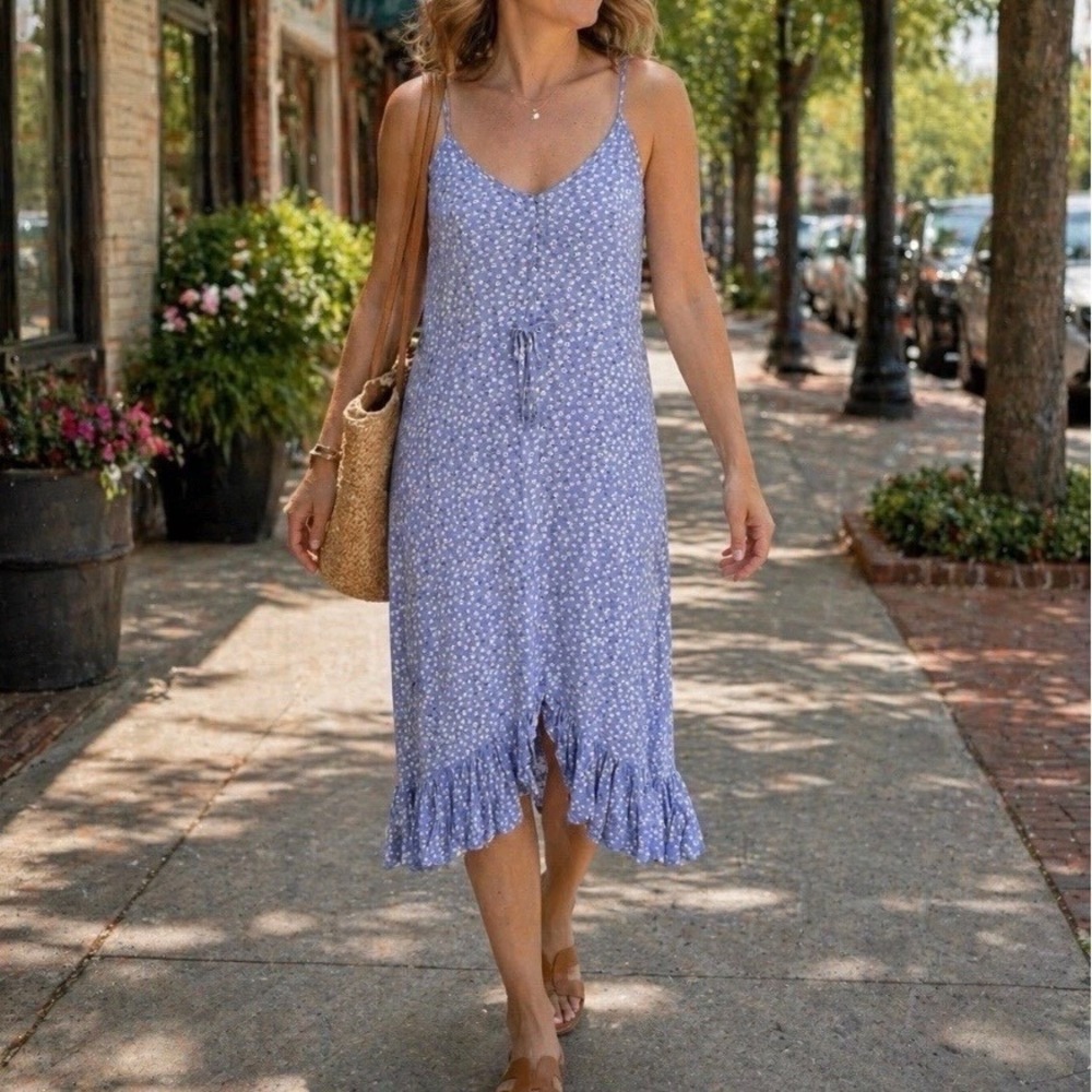 Rails Frida Sky Blue Daisies Midi Sun Dress RuffleSpaghetti Strap Medium